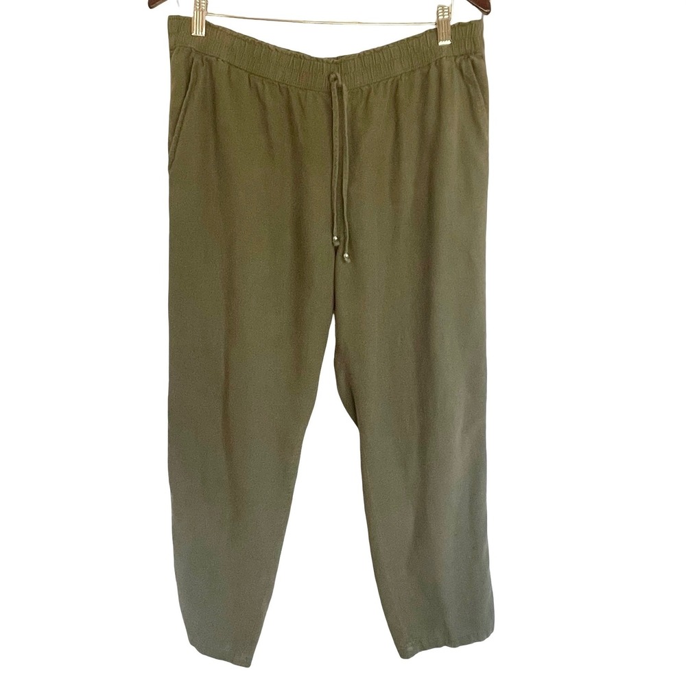 F&F Olive Green Linen Blend Pull On Pants Sz 12 Straight Leg Summer Casual